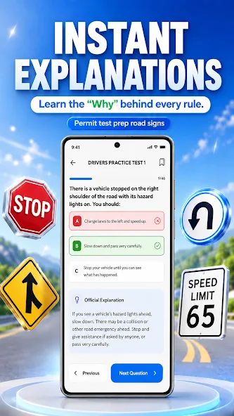 Road-sign study screen in DMV Practice Test