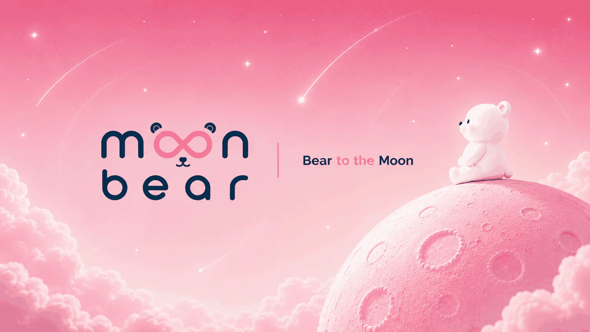 MoonBear logo and white bear mascot sitting on a pink moon beneath a starry sky